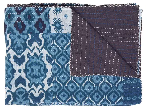 50" X 70" Black And Blue Ikat Cotton Quilted Kantha Throw Blanket with Embroidery