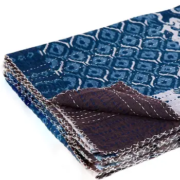 50" X 70" Black And Blue Ikat Cotton Quilted Kantha Throw Blanket with Embroidery