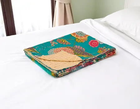 50" X 70" Teal And Pink Floral Cotton Quilted Kantha Throw Blanket with Embroidery
