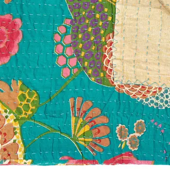 50" X 70" Teal And Pink Floral Cotton Quilted Kantha Throw Blanket with Embroidery