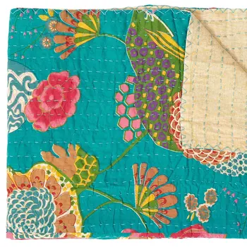 50" X 70" Teal And Pink Floral Cotton Quilted Kantha Throw Blanket with Embroidery