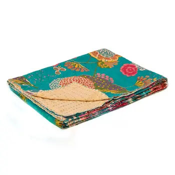 50" X 70" Teal And Pink Floral Cotton Quilted Kantha Throw Blanket with Embroidery