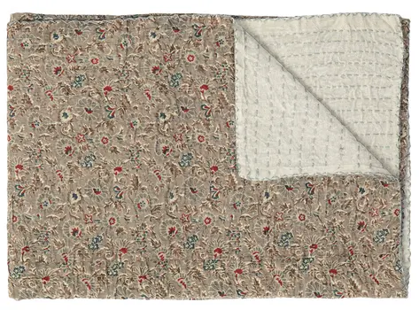 50" X 70" Taupe Gray And Red Floral Cotton Quilted Kantha Throw Blanket with Embroidery