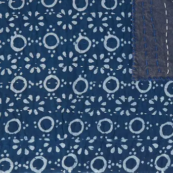 50" X 70" Blue And Off White Geometric Cotton Quilted Kantha Throw Blanket with Embroidery