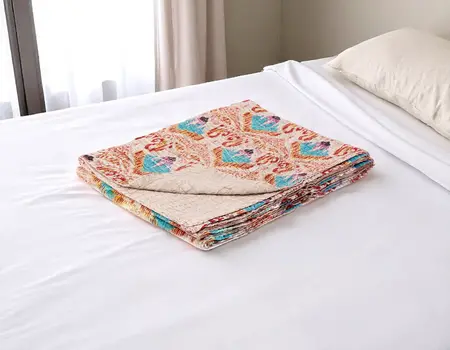 50" X 70" Beige And Pink Ikat Cotton Quilted Kantha Throw Blanket with Embroidery