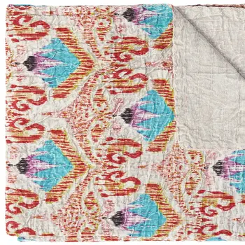 50" X 70" Beige And Pink Ikat Cotton Quilted Kantha Throw Blanket with Embroidery