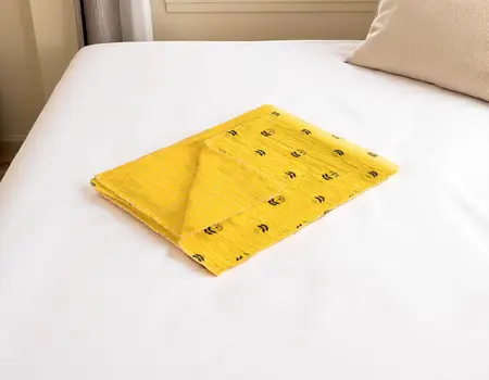 50" X 70" Yellow And Black Floral Cotton Quilted Kantha Throw Blanket with Embroidery