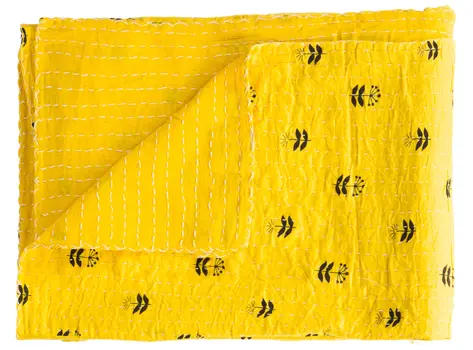 50" X 70" Yellow And Black Floral Cotton Quilted Kantha Throw Blanket with Embroidery