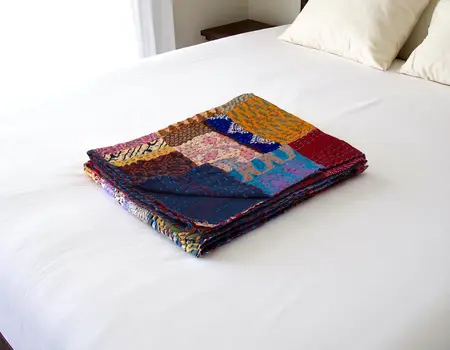 50" X 70" Blue Red And Yellow Patchwork Silk Quilted Kantha Throw Blanket with Embroidery