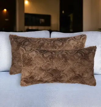 Set of Two 12" X 20" Brown Faux Fur Lumbar Throw Pillows