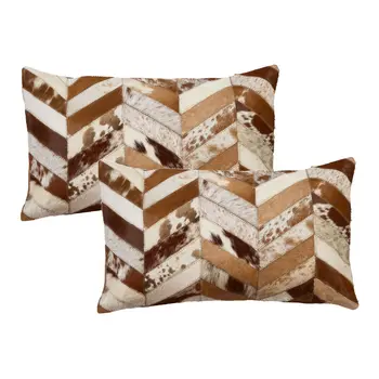 Set of Two 12" X 20" Brown and Natural Chevron Cowhide Lumbar Throw Pillows