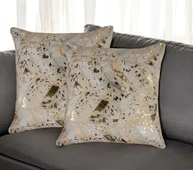 Set of Two 18" Natural and Gold Chevron Cowhide Throw Pillows with Glitter