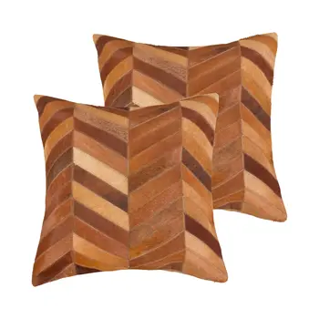 Set of Two 18" Tan Chevron Cowhide Throw Pillows