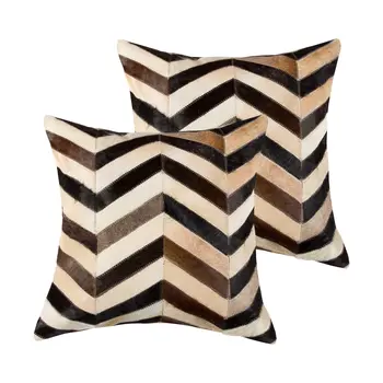Set of Two 18" Black Brown and Beige Chevron Cowhide Throw Pillows