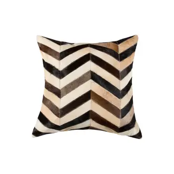Set of Two 18" Black Brown and Beige Chevron Cowhide Throw Pillows