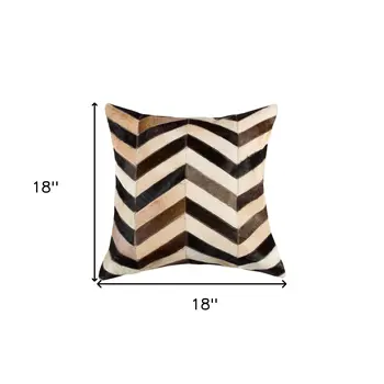 Set of Two 18" Black Brown and Beige Chevron Cowhide Throw Pillows