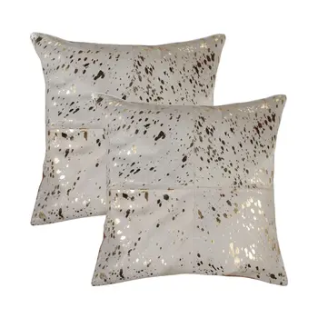Set of Two 18" Natural and Gold Abstract Cowhide Throw Pillows with Glitter