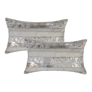 Set of Two 12" X 20" Gray and Silver Striped Cowhide Lumbar Throw Pillows with Glitter
