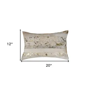 Set of Two 12" X 20" Natural and Gold Patchwork Cowhide Lumbar Throw Pillows with Glitter