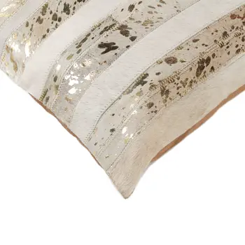 Set of Two 18" Natural and Gold Striped Cowhide Throw Pillows with Glitter