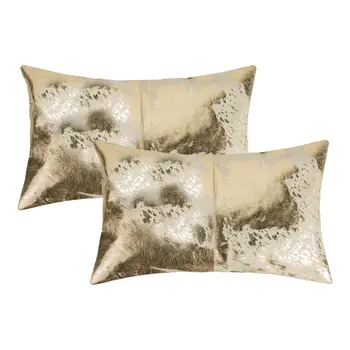 Set of Two 12" X 20" Natural And Gold Lumbar Cowhide Throw Pillows