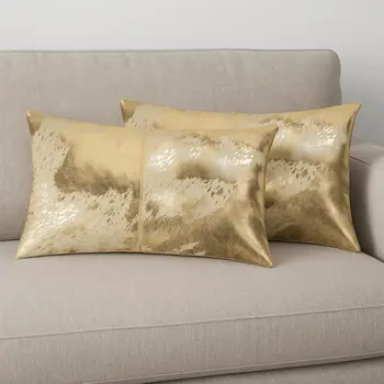 Set of Two 12" X 20" Natural And Gold Lumbar Cowhide Throw Pillows