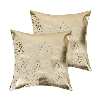 Set of Two 18" Natural and Gold Abstract Cowhide Throw Pillows with Glitter