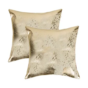 Set of Two 18" Natural and Gold Abstract Cowhide Throw Pillows with Glitter