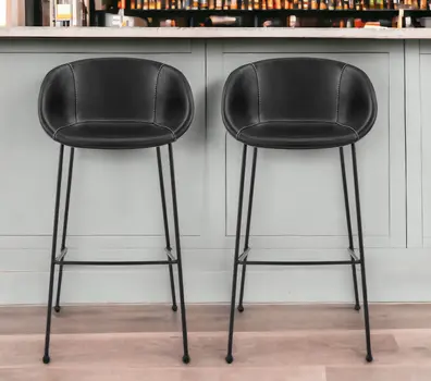Set of Two 30" Black Faux Leather and Steel Low Back Bar Height Bar Chairs