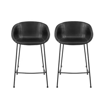 Set of Two 26" Black Faux Leather and Steel Low Back Counter Height Bar Chairs