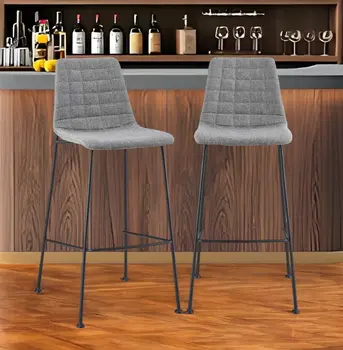 Set of Two 30" Light Gray and Black Fabric and Steel Low Back Bar Height Bar Chairs