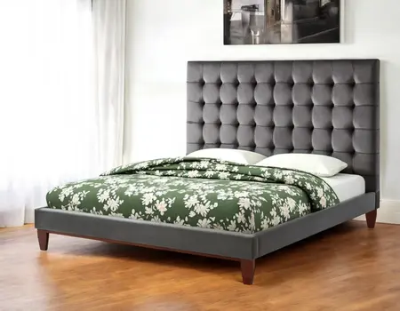 Gray Solid Wood King Tufted Upholstered Velvet Bed