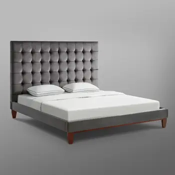 Gray Solid Wood King Tufted Upholstered Velvet Bed