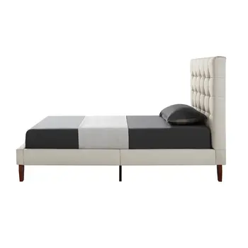 Beige Solid Wood Twin Tufted Upholstered Linen Bed Frame