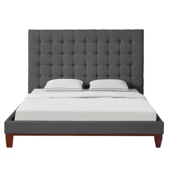 Gray Solid Wood Queen Tufted Upholstered Linen Bed