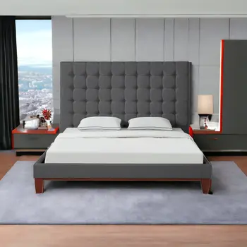 Gray Solid Wood Queen Tufted Upholstered Linen Bed