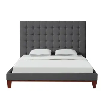 Gray Solid Wood Queen Tufted Upholstered Linen Bed