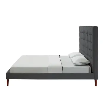 Gray Solid Wood Queen Tufted Upholstered Linen Bed