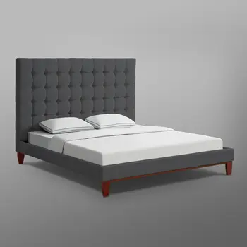 Gray Solid Wood Queen Tufted Upholstered Linen Bed