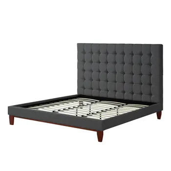 Gray Solid Wood Queen Tufted Upholstered Linen Bed