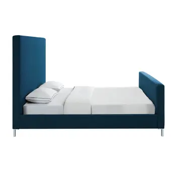 Denim Blue Solid Wood King Upholstered Linen Bed