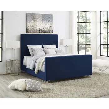 Denim Blue Solid Wood King Upholstered Linen Bed
