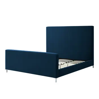 Denim Blue Solid Wood King Upholstered Linen Bed