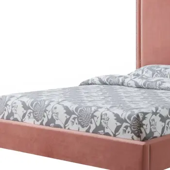 Blush Solid Wood Queen Upholstered Velvet Bed with Nailhead Trim