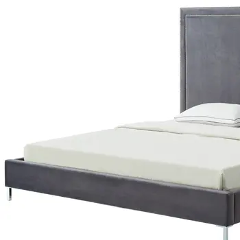 Gray Solid Wood King Upholstered Velvet Bed with Nailhead Trim