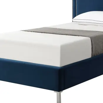 Navy Blue Solid Wood Twin Upholstered Velvet Bed with Nailhead Trim