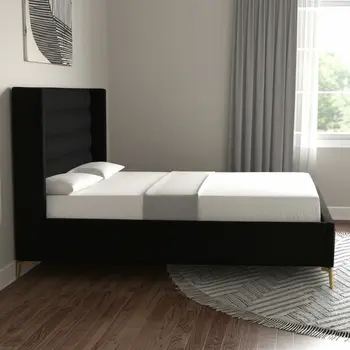 Black Velvet Upholstered Queen Bed Frame