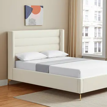 Cream Velvet Upholstered Queen Bed Frame