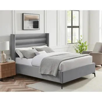 Light Gray Velvet Upholstered King Bed Frame