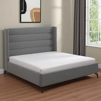 Light Gray Velvet Upholstered King Bed Frame